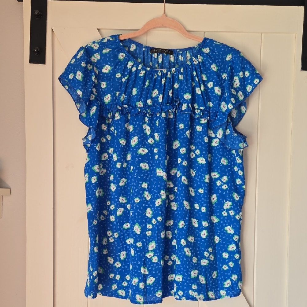 Bright Blue Floral Ruffle Sleeve Blouse